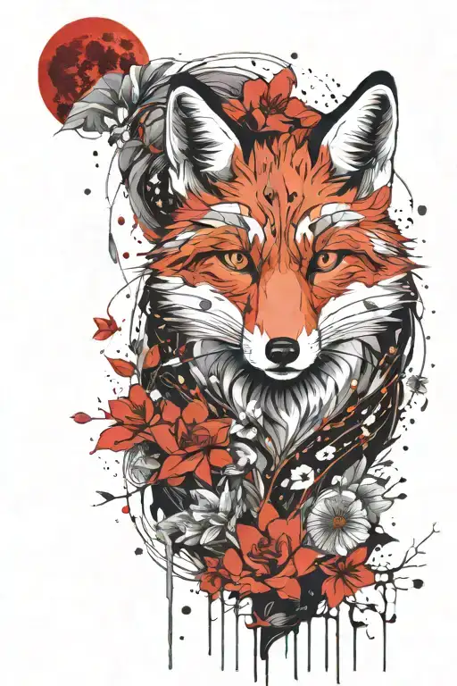 A Fox With Part Of Its Skeleton Visible Wrapped In A Red Thread Under The Moon And Sakura Petals