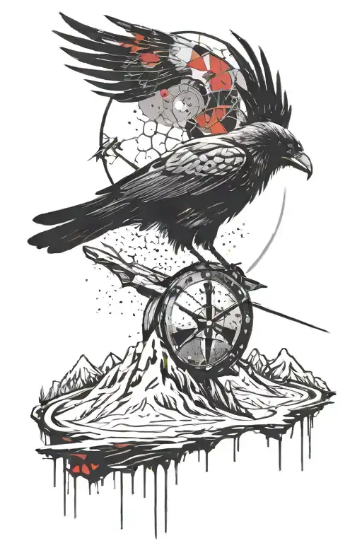 Crow Perched On A Viking Shield With Mountains In The Background
