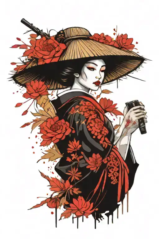 Geisha Using Oriental Straw Hat Holding A Fan With Chrysanthemum Floral Filler