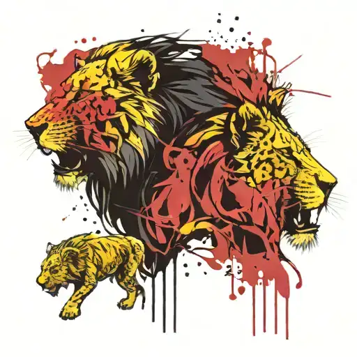 Angry Lion Head Painted In Black And Yellow With 3 Cubs