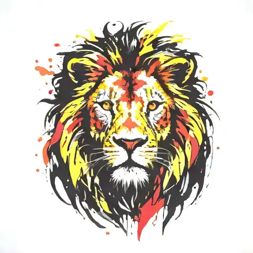 Angry Lion Head Painted In Black And Yellow With 3 Cubs