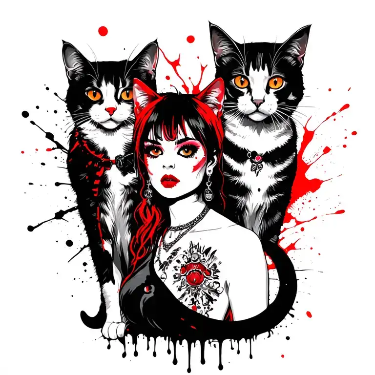 Punk Rock Girl With Gang Of Cats