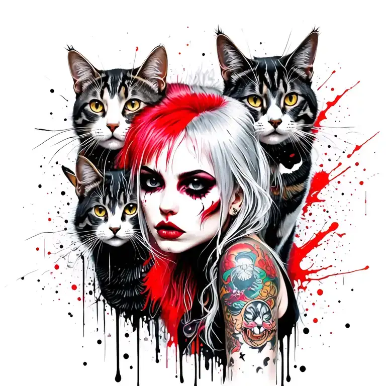 Punk Rock Girl Silver Hair With Gang Of Cats