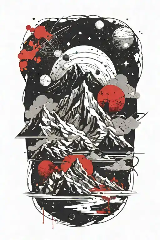 Mountains Leading Into Space With Planets