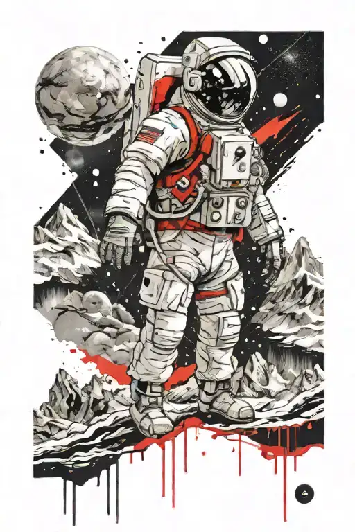 Astronaut Looking At Mountains Leading Into Space With Planets