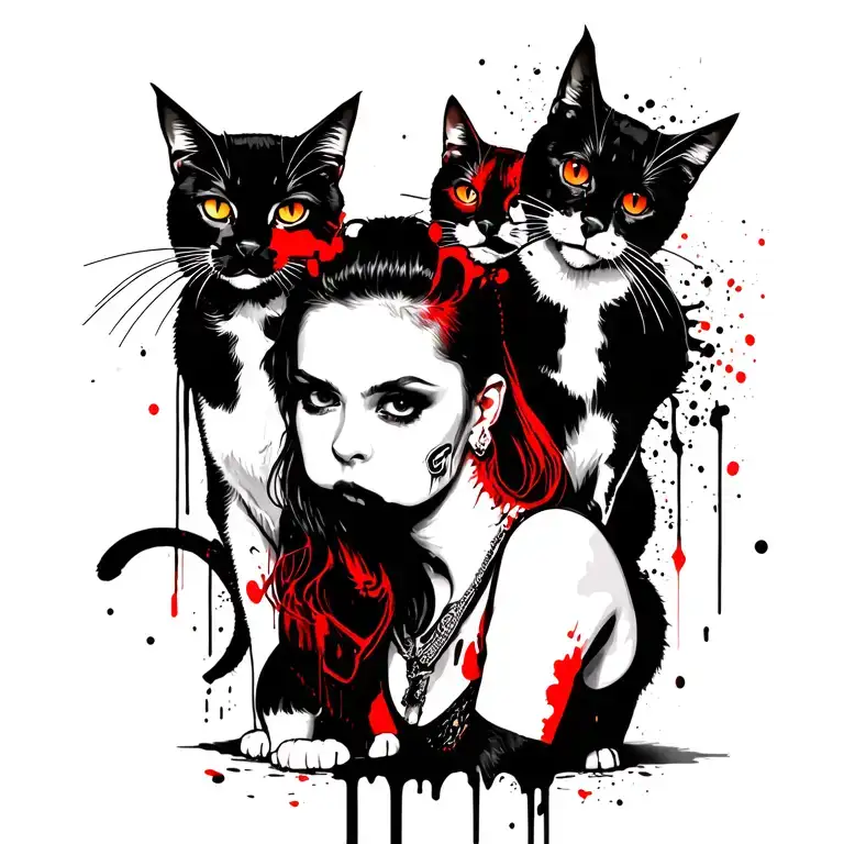 Punk Rock Girl With Gang Of Cats