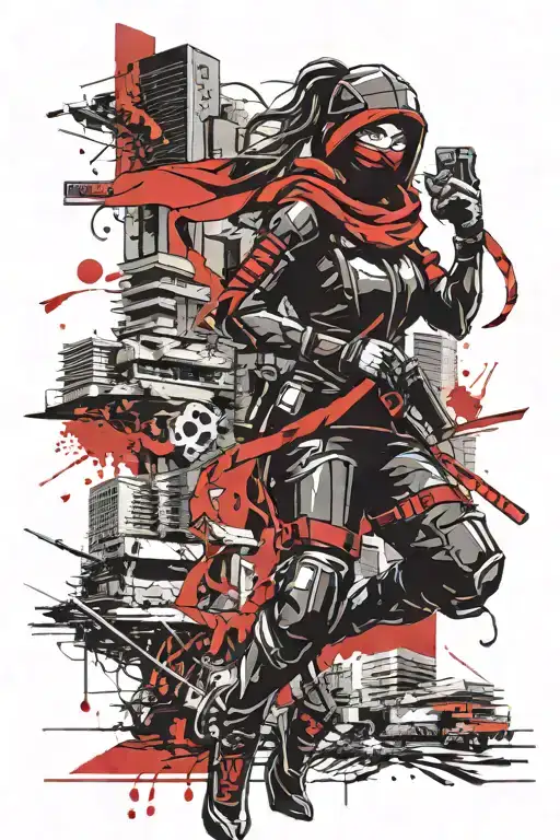 Female Ninja Futuristic City Background Black Red