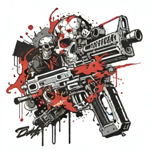 Skull On Fire With A Machine Gun