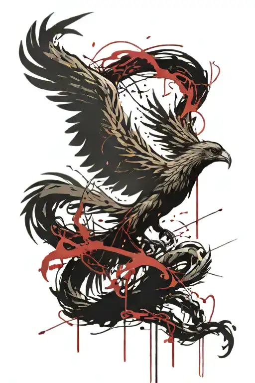 Giant Phoenix Breaking Free From Chains With Man Holding Sword Fighting It