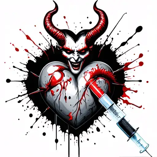 Devil Comi G Out Of A Syringe Connected To Heart