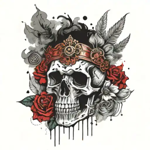 Half Skull With Flower And Crown Surrounded By Smoke