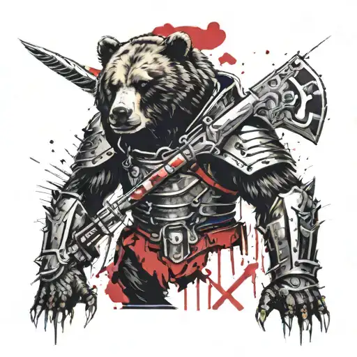 A Bear In Armor With A Hammer Calmly Looks Straight At You