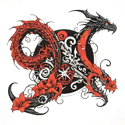 A Small Circular Dragon On Top Of Two Scythes In A X Formation Bottom Of It Is A Lily