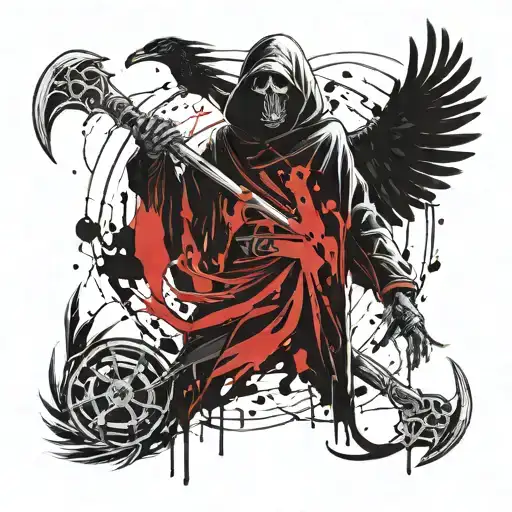 A Reaper Holding A Scythe With A Raven Perched On Their Shoulder