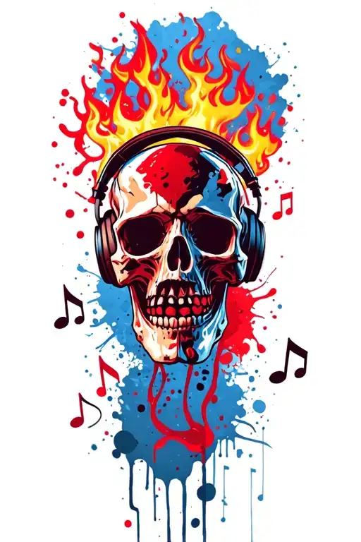 Skull Wearing Headphones Surrounded By Fire Shaped Music Notes