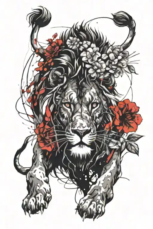 Lion With Geraniums And Ruby Eyes Looking