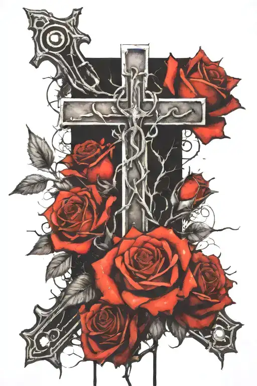 A Cross With 3 Vine Roses Growing Around It And A Crown Of Thorns On Top No Background