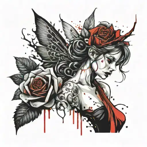 Fairy Leaning On The Stem Of A Rose