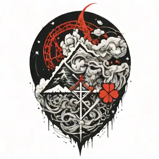 The Karmic Knot Is Intertwined With A Four-leaf Clover In Front Of A Mountain Peak