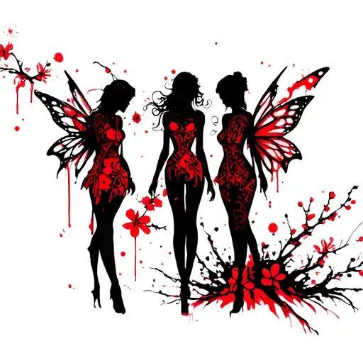 Silhouette Fairy 3 Male And 2 Female Fairy And Cherry Blossoms Leg