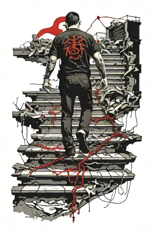 Stairs Covered In Cracks Going From Hell To Heaven With A Man Standing In The Middle Tied In Chains