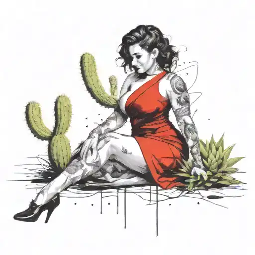 Curvy Darkhaired Lady With Cactus
