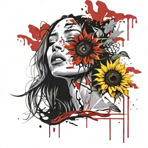 Half Face Woman With Tears And A Sunflower