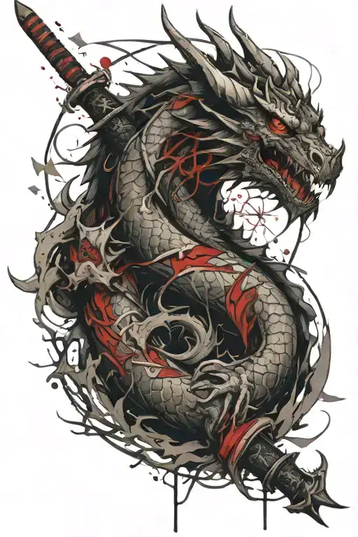Tattoo On The Entire Forearm Of A Dragon With A Katana And A Japanese