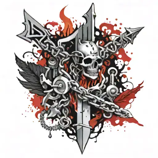 Chains Breaking And Fire Flames And Bloody Dagger