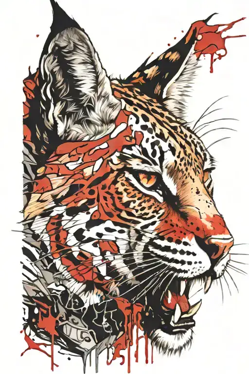 Bloody Lynx Screaming In A Half-turn On A White Background In Fantasy Style