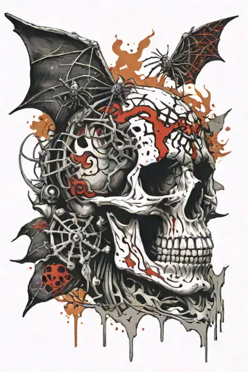 Aged And Damaged Skull With Spider In And Small Fire Dragon Which Comes Out Exploding On Top