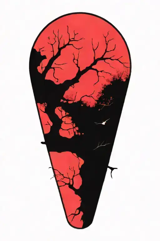 Sakura Tree With Red Moon Offset In Background