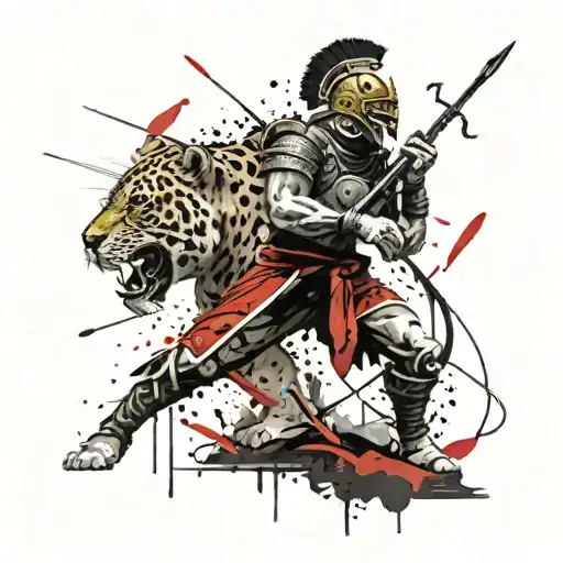 Mayan Jaguar Warrior With Spear And Shield In Hand Taking Down A Spanish Soldier