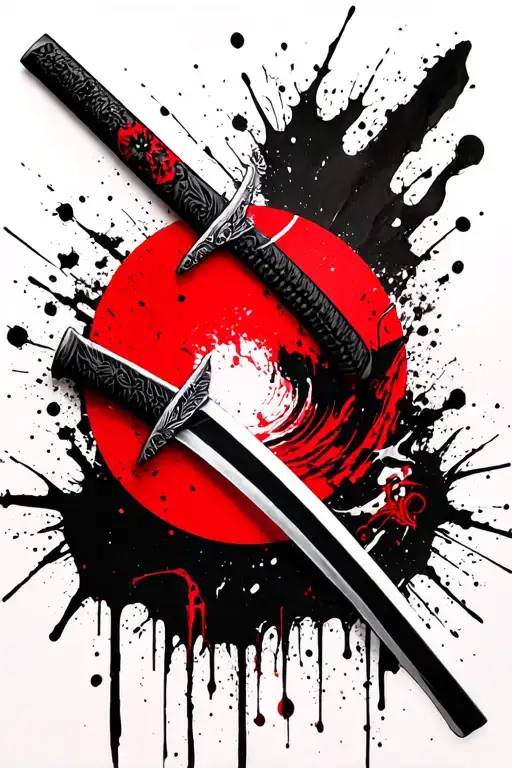 Katana Tattoo With Red Circle Shape