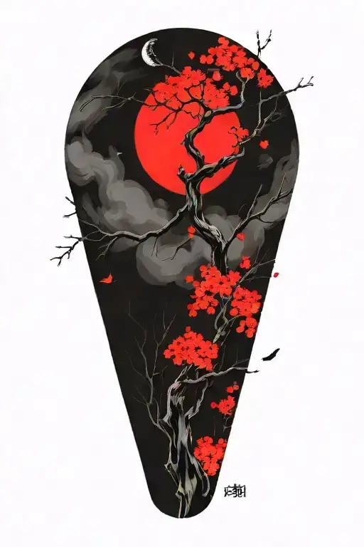 Sakura Tree With Moon Offset In Background