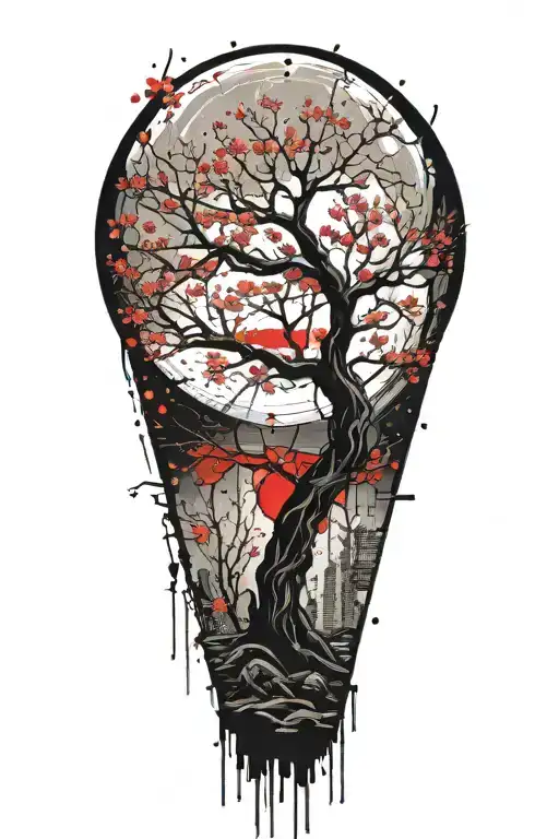 Sakura Tree With Bleeding Moon In Background