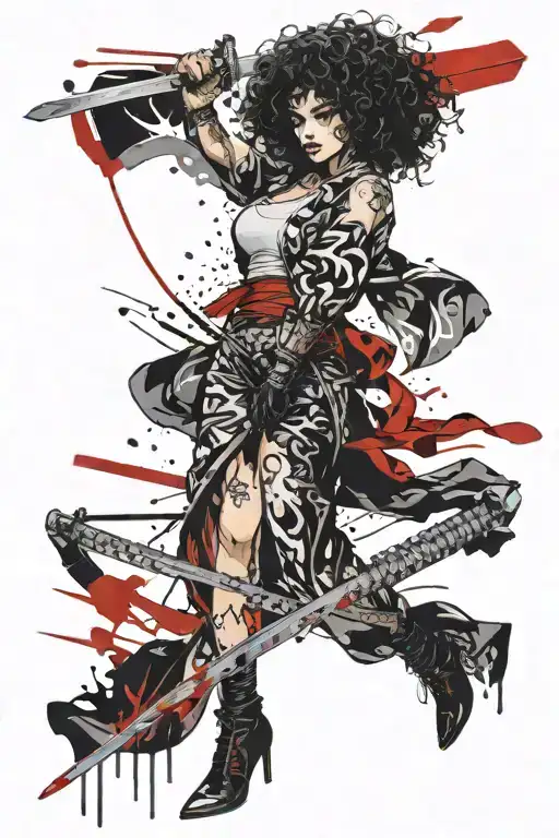 A Girl With Curly Hair And A Katana In Her Hand
