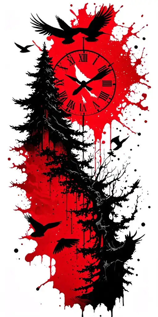 Moutains Tree Clock Birds Flying