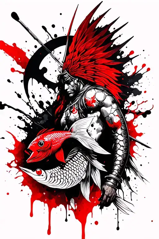 Trash Polka Style Tattoo Of A Pisces Ancient Warrior