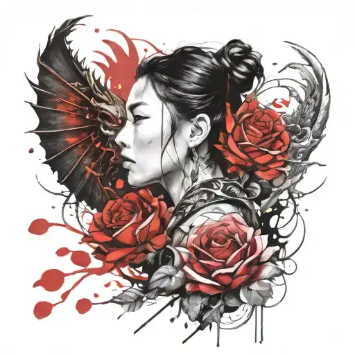 Asian Girl Wrapped By A Roses And Dragon