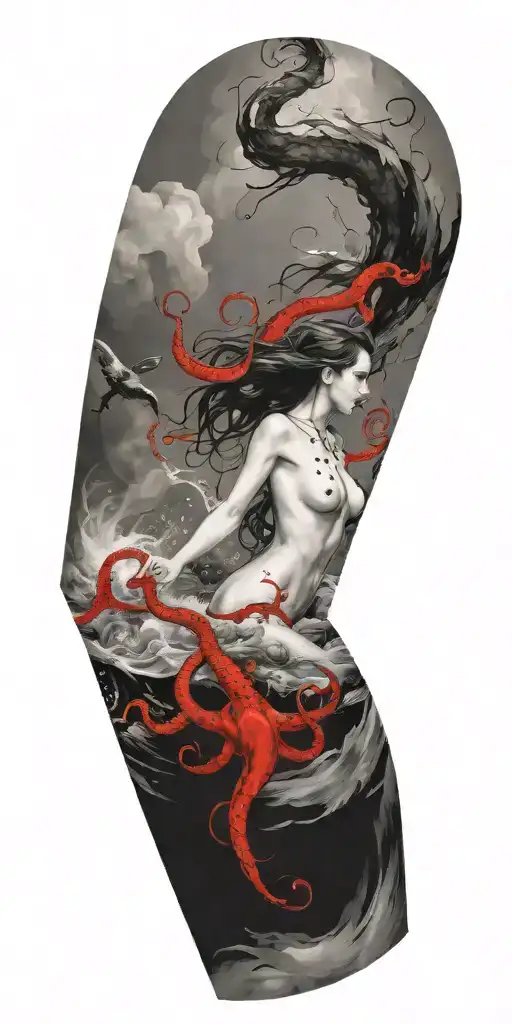 Stormy Ocean Scene Featuring Mermaids Swimming With Octopus