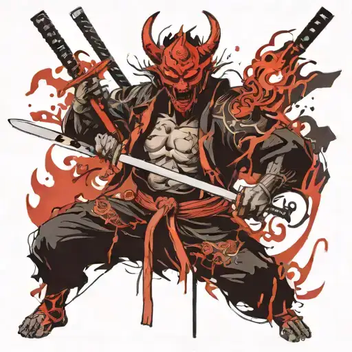 Japanese Demon And Katana On Fire