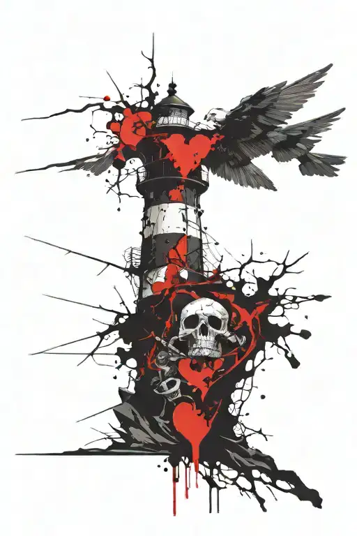Broken Lighthouse With Real Human Heart Inside With Skulls For Rocks