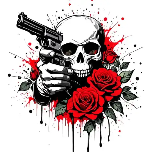 Skull Holding A Gun At His Head Pulls The Trigger A Rose Grows Flowers