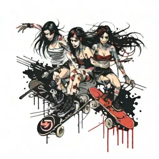 5 Topless Goth Girls Riding Skate Boards