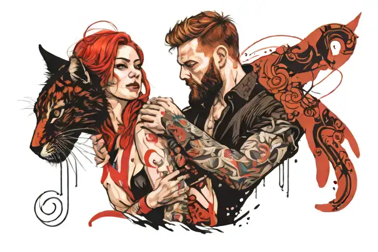 A Woman Wicht Redhead And A Man With Black Short Hair And Beard Hugging A Cat