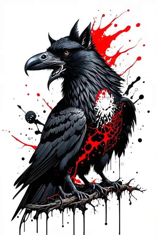 Fenrir And Odin's Black Raven Standing Near Yggdrasil