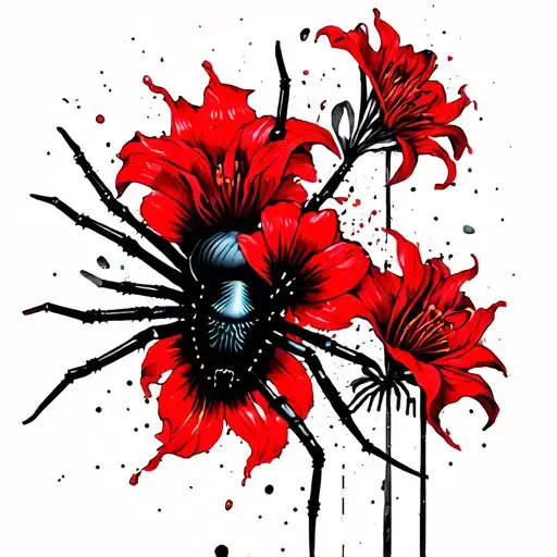 Black Spider With Red Spider Lilies In The Back