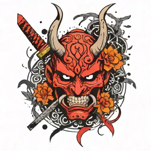 Oni Mask With A Katana And A Serpent