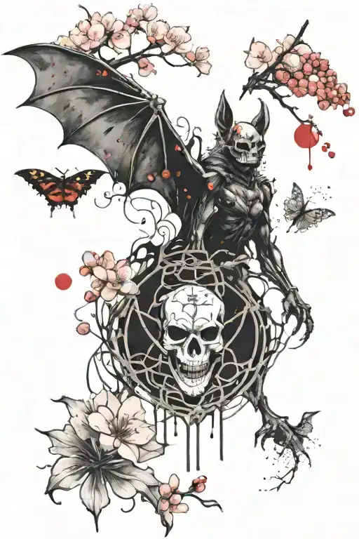 Bat With His Skeleton Showing And A Cherry Blossom